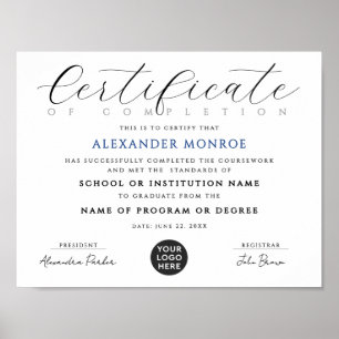 Poster Élégant certificat noir bleu Diplôme numérique