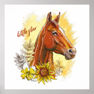 Poster Élégant cheval à main avec plantes et fleurs