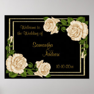 Poster Élégant Chic Coin Ivory Roses Bouquets Mariage