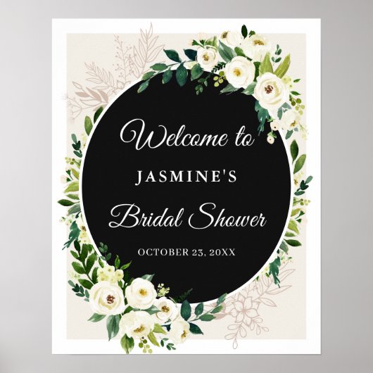 Poster Élégant Chic Vert Blanc Fleurs Panneau de Mariage (Devant)