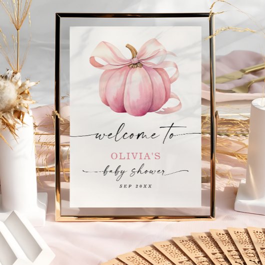 Poster Elégant Citrouille Bow Baby shower rose Bienvenue