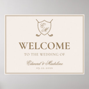 Poster Elégant Crest Monogram Golf Mariage Bienvenue