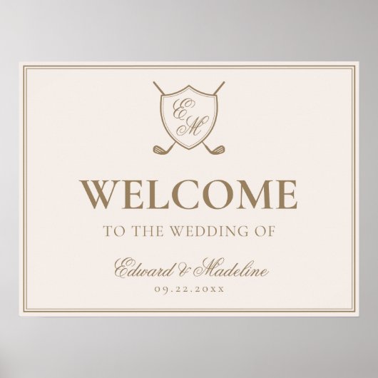 Poster Elégant Crest Monogram Golf Mariage Bienvenue (Devant)