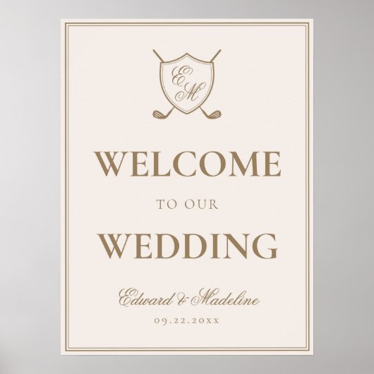 Poster Elégant Crest Monogram Golf Mariage Bienvenue (Devant)