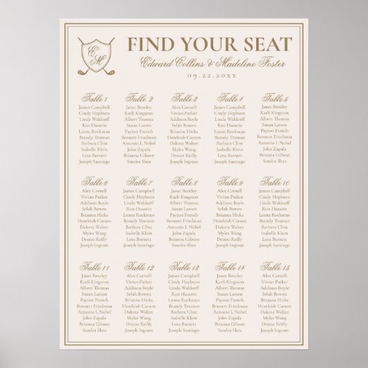 Poster Elégant Crest Monogram Golf Mariage Seating Charts (Devant)