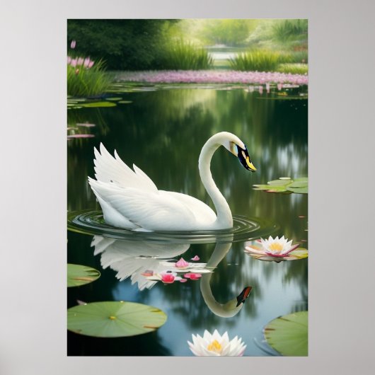 Poster Elégant cygne blanc dans une rivière forestière Ar (Devant)