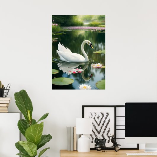Poster Elégant cygne blanc dans une rivière forestière Ar (Bureau à domicile)