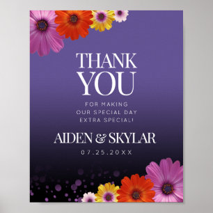 Poster Elegant Daisies Purple Glitter Wedding Thank You
