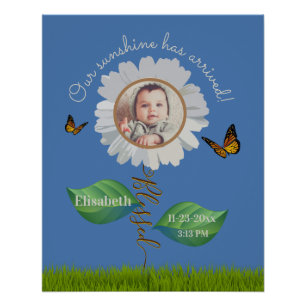 Poster Elégant Daisy Blue Floral Cute Baby Photo & Nom