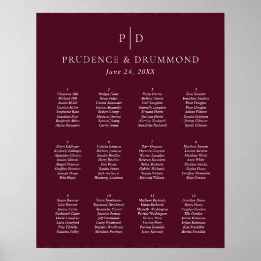 Poster Elegant Deep Burgundy Wedding Seating Chart (Devant)