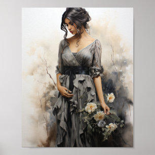 Poster Elégant dessin au charbon de bois d'une femme port