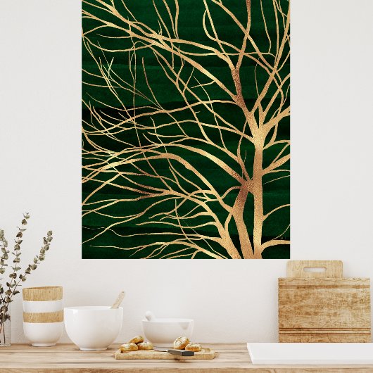 Poster Elégant dessin d'arbre d'automne en or vert (Cuisine)