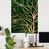 Poster Elégant dessin d'arbre d'automne en or vert (Bureau à domicile)