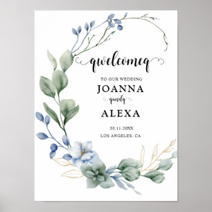 Poster Élégant Dusty Blue Greenery Fournitures Mariages