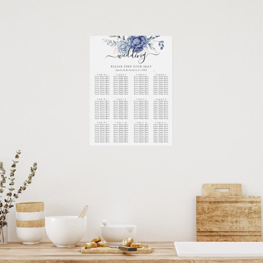 Poster Élégant Dusty Blue Greenery Fournitures Mariages (Cuisine)