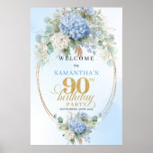 Poster Elegant dusty blue hydrangeas gold welcome sign 90 (Devant)