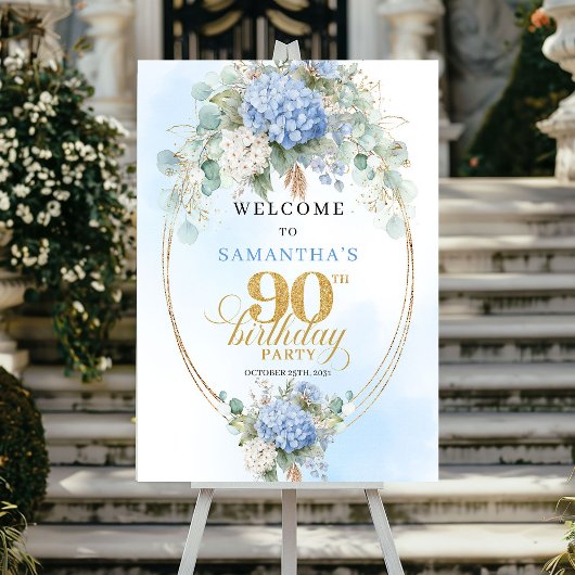 Poster Elegant dusty blue hydrangeas gold welcome sign 90