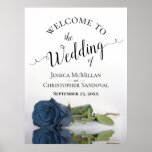 Poster Elegant Dusty Steel Blue Rose Wedding Welcome<br><div class="desc">Introduce your wedding celebration in style with this stunning sign. Its design is both sophisticated and understated, with delicate script calligraphy and a graceful long-stemmed dusty steel blue colored rose mirrored in a pool of water, complete with waves and ripples. This exquisite piece is the perfect touch to greet your...</div>