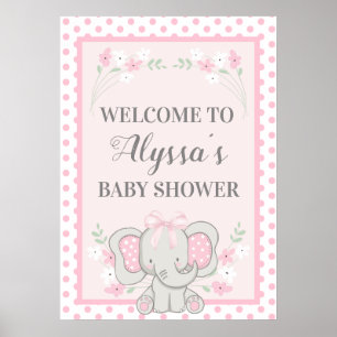 Poster Élégant Éléphant Rose Points Fleurs Baby Shower