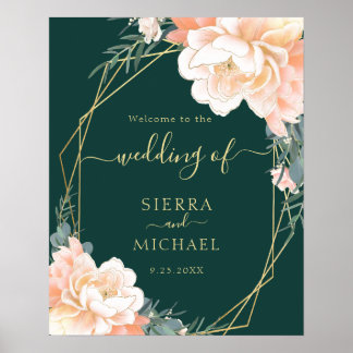 Poster Élégant Emerald Green Peach Floral Mariage