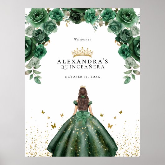Poster Élégant Emerald Quinceañera Floral Faux Foil (Devant)