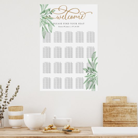 Poster Elégant Eucalyptus Greenery Mariage Seating Chart (Cuisine)