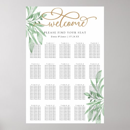 Poster Elégant Eucalyptus Greenery Mariage Seating Chart (Devant)