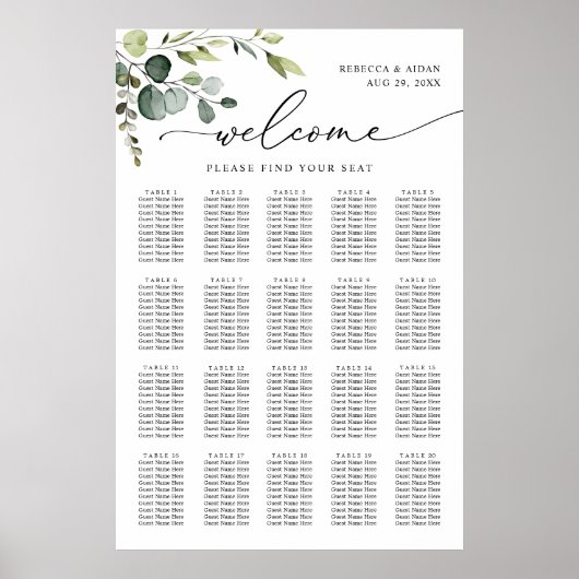 Poster Elégant Eucalyptus Greenery Mariage Seating Chart (Devant)