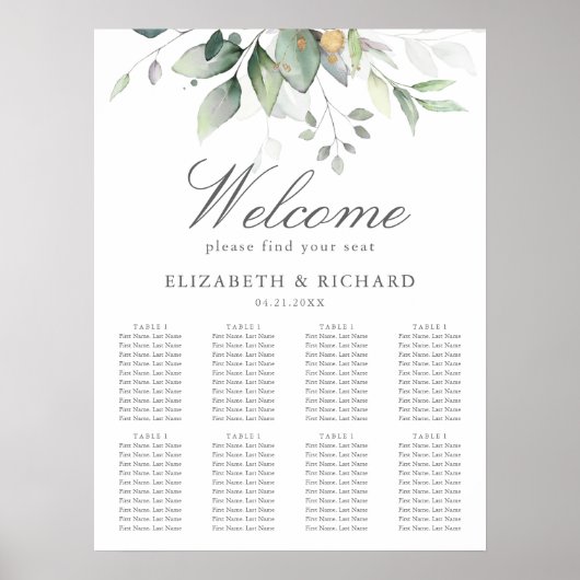 Poster Elégant Eucalyptus Greenery Mariage Seating Chart (Devant)