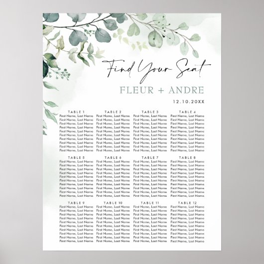 Poster Elégant Eucalyptus Greenery Mariage Seating Chart (Devant)