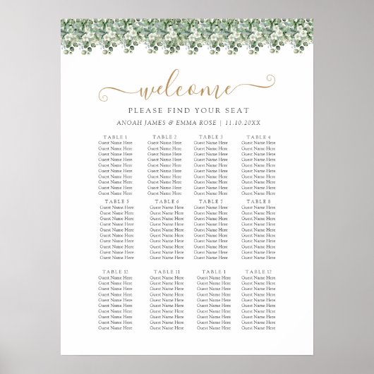 Poster Elegant Eucalyptus Greenery Wedding Seating Chart (Devant)