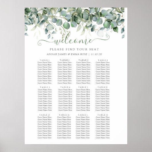 Poster Elegant Eucalyptus Greenery Wedding Seating Chart (Devant)