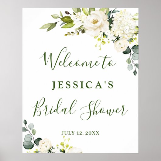 Poster Elegant Eucalyptus Roses Blanches Baby Shower (Devant)