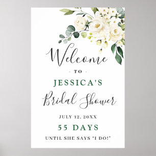 Poster Élégant Eucalyptus Roses Blanches Baby Shower Nupt