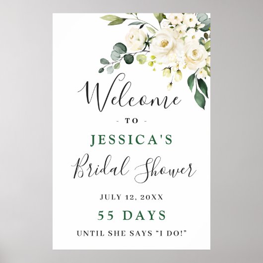Poster Élégant Eucalyptus Roses Blanches Baby Shower Nupt (Devant)