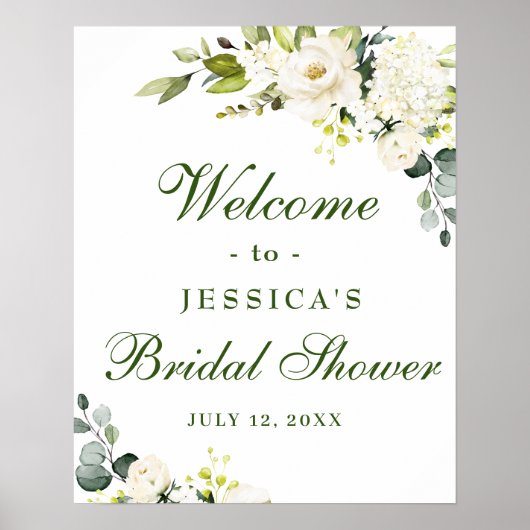 Poster Elegant Eucalyptus Roses Blanches Baby Shower Nupt (Devant)