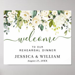 Poster Elégant Eucalyptus Roses Blanches RÉPÉTITION DÎNER