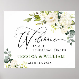 Poster Elégant Eucalyptus Roses Blanches RÉPÉTITION DÎNER