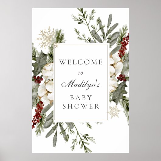 Poster Elégant Evergreens et Florals d'hiver Baby Welcome (Devant)