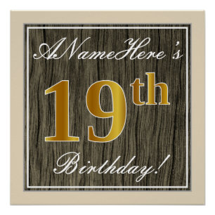 Poster Elégant, Faux Wood, Faux Gold 19e Anniversaire + N