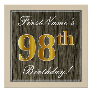 Poster Elégant, Faux Wood, Faux Gold 98ème Anniversaire +