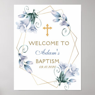 Poster Élégant floral bleu garçon Baptême Bienvenue