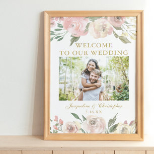 Poster Élégant floral rose gold Photo de mariage Bienvenu