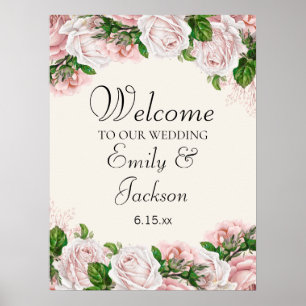 Poster Élégant floral rose sur Mariage crème