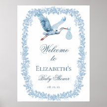 Elegant Floral Toile Frame Blue Stork Welcome
