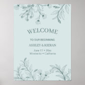Poster Élégant Floral Turquoise Welcome Mariage (Devant)