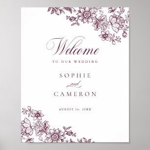 Poster Elégant Floral Vintage Bourgogne Mariage Bienvenue