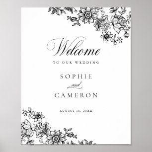 Poster Elégant Floral Vintage noir blanc Mariage Bienvenu