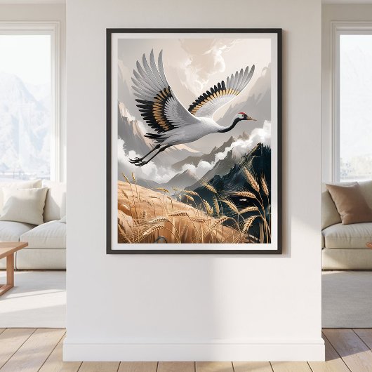 Poster Elegant Flying Crane Over Golden Wheat Landscape  