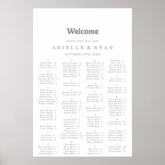 Poster Elegant Formal Minimal Alphabetical Seating Chart (Devant)